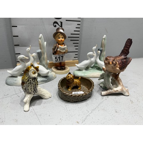 517 - Goebels figure boy + 2 Goebels birds + Wade figure dog in basket + 2 Nao birds