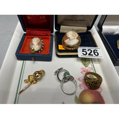 526 - 4 Cameo brooches, rings etc