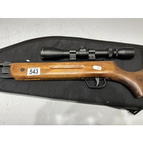 543 - High power hunting rifle with scope, pellets + case