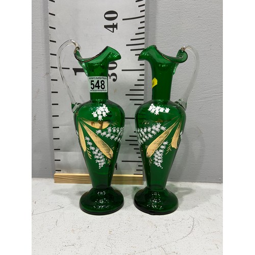 548 - Pair Mary Gregory green glass jugs