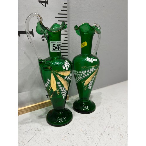 548 - Pair Mary Gregory green glass jugs