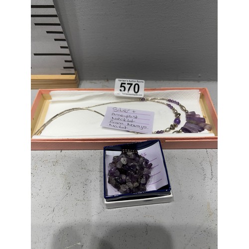 570 - Silver + Amethyst necklace from Navajo market + Amethyst streach ring