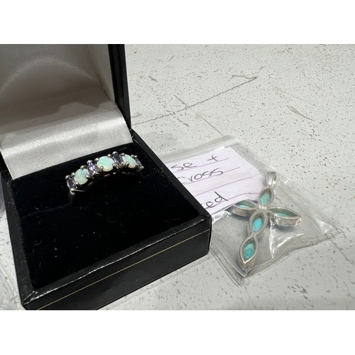 570A - Opal + Tamzanite silver ring. Size N. 2.4g + Turquoise silver cross pendant + silver/turquoise earri... 