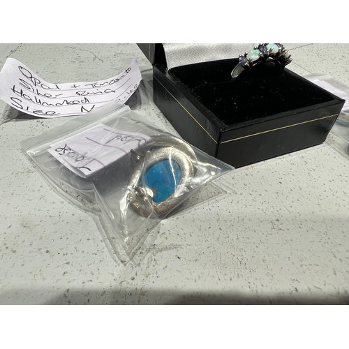 570A - Opal + Tamzanite silver ring. Size N. 2.4g + Turquoise silver cross pendant + silver/turquoise earri... 