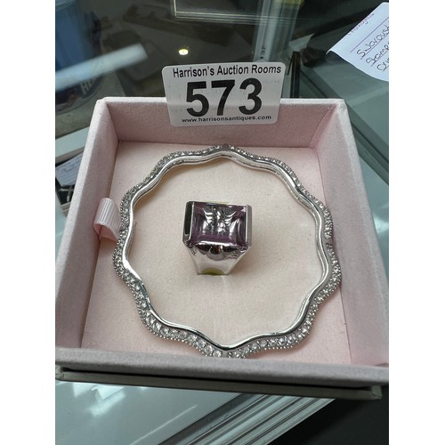 573 - Swarovski stamped crystal bangle + Swarovski ring. Size P/S