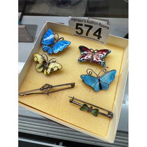 574 - Quantity enamel + silver butterfly brooch + gold stick brooch