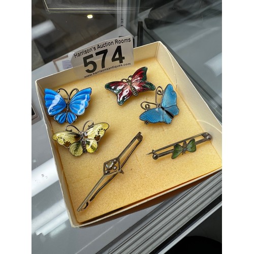 574 - Quantity enamel + silver butterfly brooch + gold stick brooch