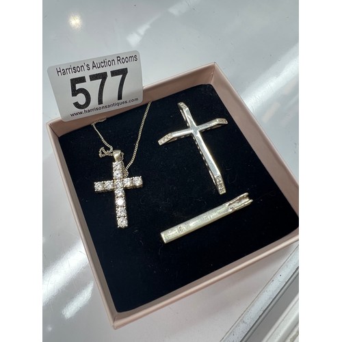 577 - Silver + crystal cross pendant + silver cross C.Z with 18