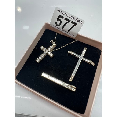 577 - Silver + crystal cross pendant + silver cross C.Z with 18