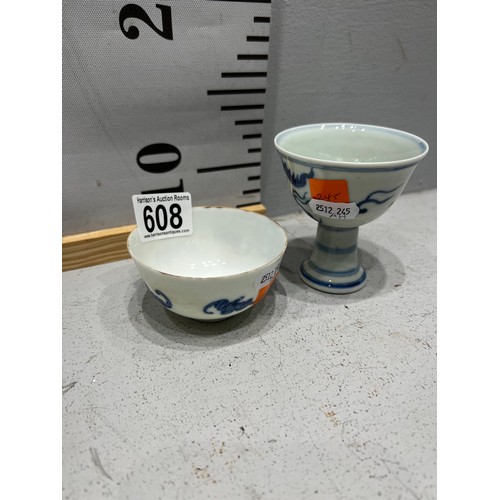 608 - Chinese Bat tea bowl + Blue/White stem cup