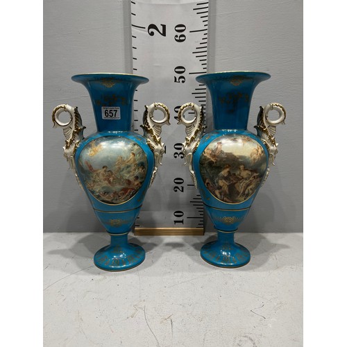 657 - Pair of Victorian design light blue Sevres style vases