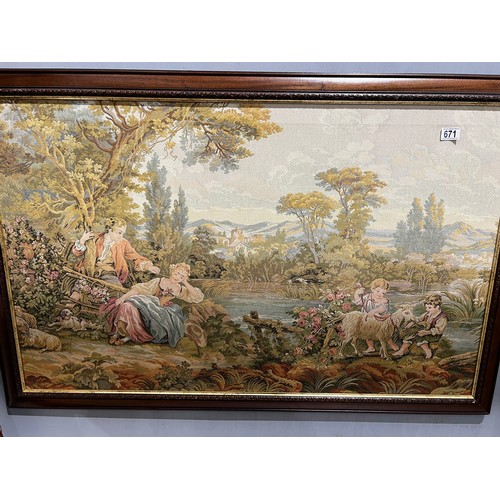 671 - Large vintage tapestry in oak frame