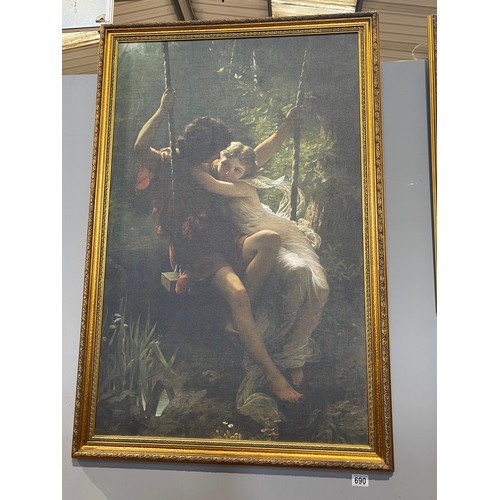 690 - Large gilt frame picture. Man + Women on swing