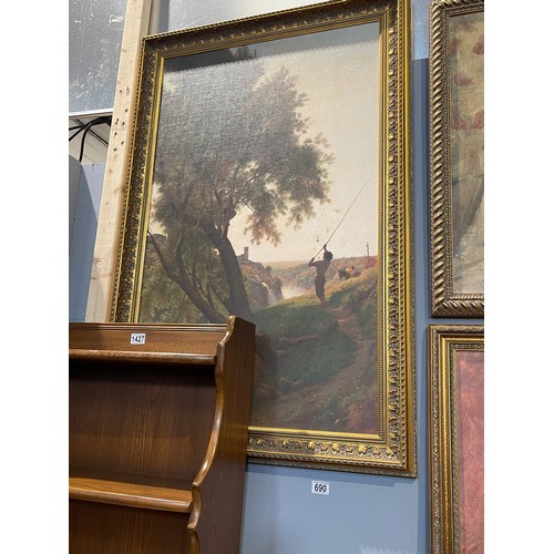 691 - Pair of Large gilt frame pictures. Fishing + Child swinging in tree