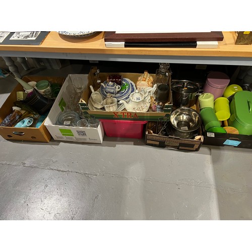 352 - 6 boxes pottery, glass, Kitchenware etc