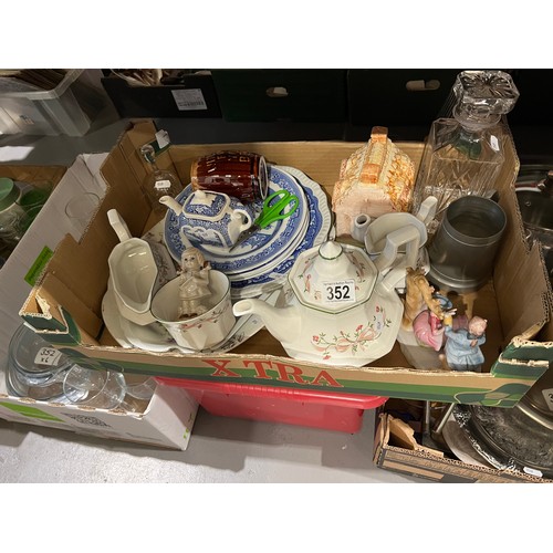 352 - 6 boxes pottery, glass, Kitchenware etc