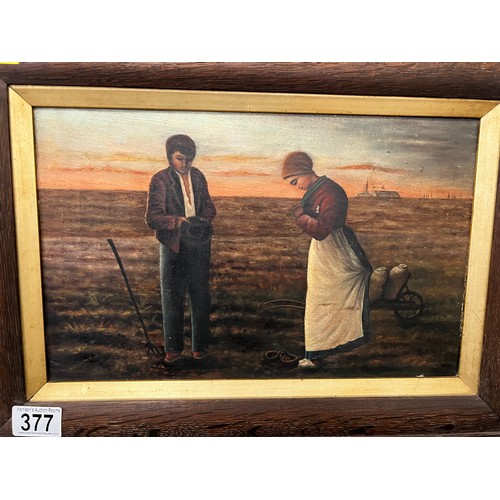 377 - Vintage oil painting on canvas in oak frame peasants farming