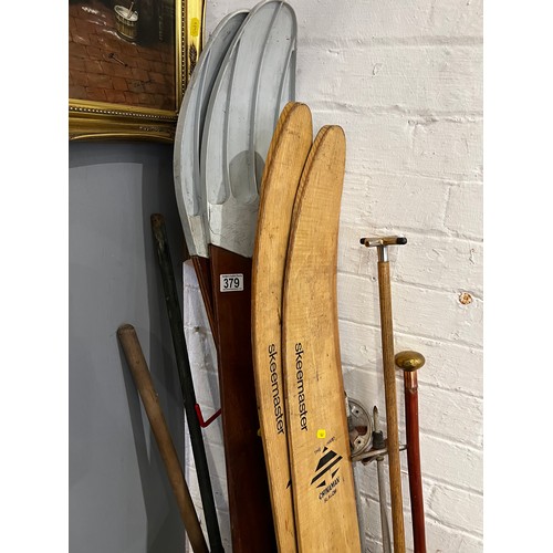 379 - Misc items. Ski's , snooker rest, English flag a/f etc