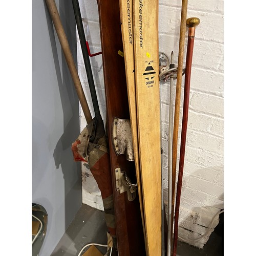 379 - Misc items. Ski's , snooker rest, English flag a/f etc