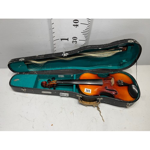 385 - Violin + bow in case