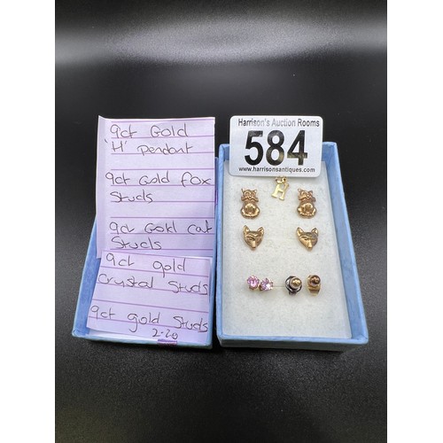 584 - 3 pairs of 9ct gold earrings. Fox, Cat + Pink crystal stud earrings + 9ct H pendant 2.2g gross