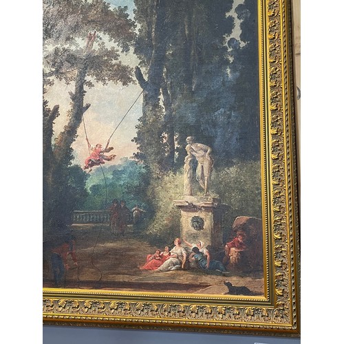 691 - Pair of Large gilt frame pictures. Fishing + Child swinging in tree