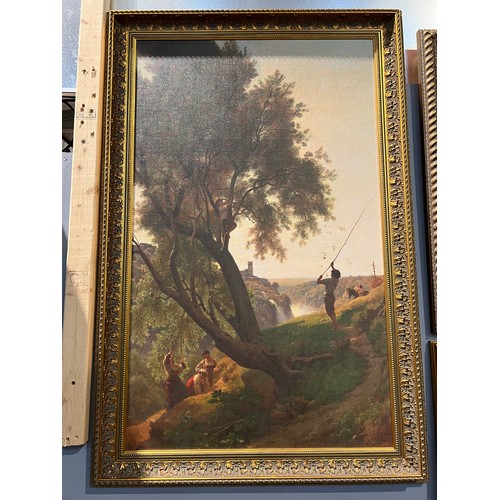 691 - Pair of Large gilt frame pictures. Fishing + Child swinging in tree