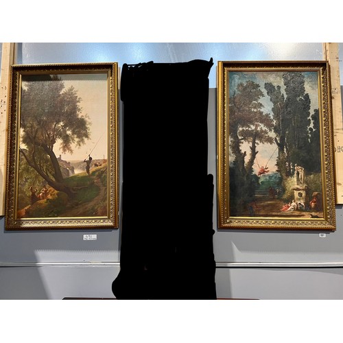 691 - Pair of Large gilt frame pictures. Fishing + Child swinging in tree