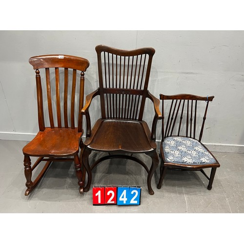 1242 - Victorian low boy chair + 2 vintage chairs inc rocking chair