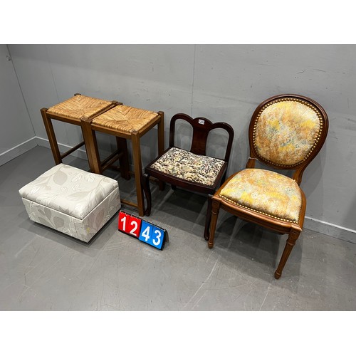 1243 - Dealers delight! pair of wicker stools, french chair low back chair & footstool