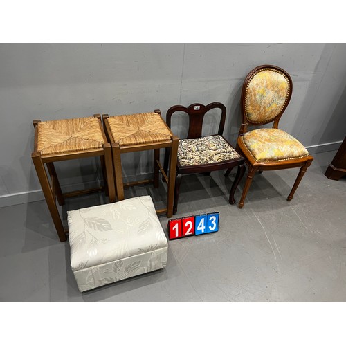 1243 - Dealers delight! pair of wicker stools, french chair low back chair & footstool