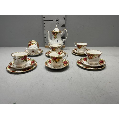 1 - Royal Albert 'Country Rose' tea cups/saucers/side plates + tea pot