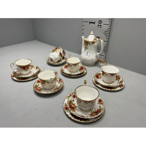 1 - Royal Albert 'Country Rose' tea cups/saucers/side plates + tea pot