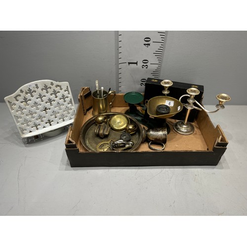 6 - Box metalware inc weigh scales, kitchen cookery book rack etc