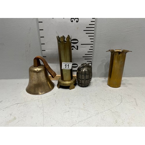 11 - 2 Trench art vases + brass bell + hand grenade