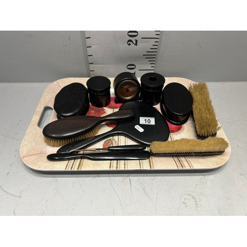 10 - Quantity Edwardian ebony vanity grooming set inc clock