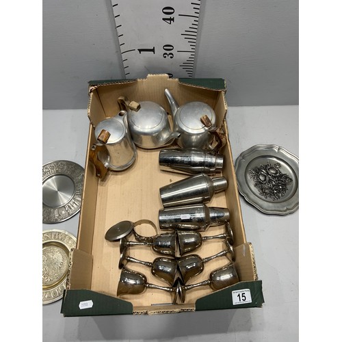 15 - Box metal ware inc picquot tea pots, cocktail shakers etc