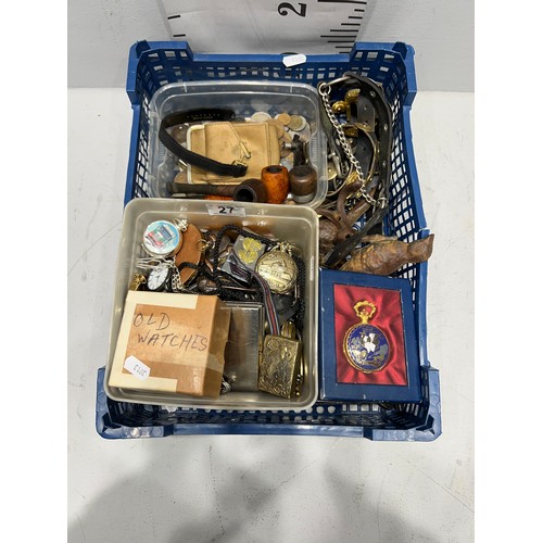 27 - Basket collectables, watches, pipes, lighters etc