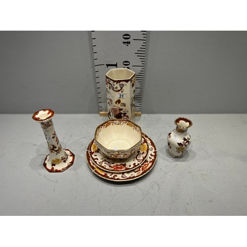 31 - Masons 'brown velvet' pottery vases, candlestick, bowl  & plates