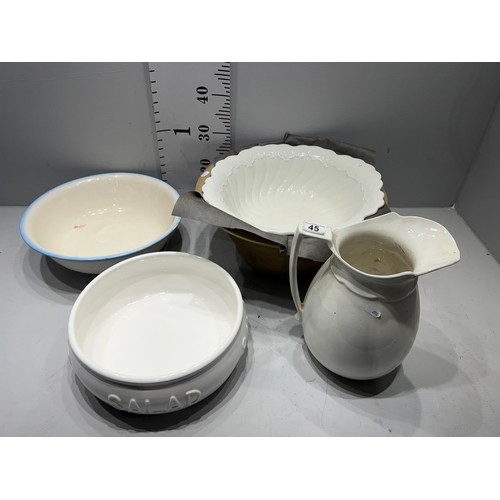 45 - Victorian jug & bowl + pancheon + 2 bowls