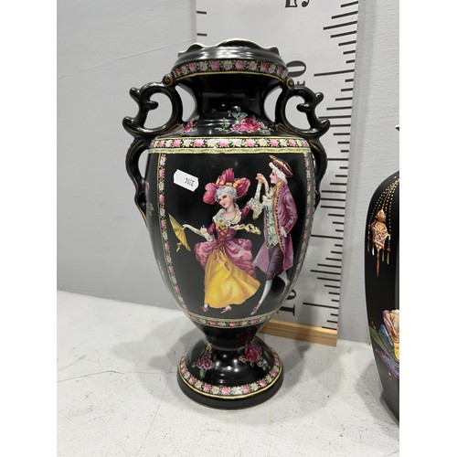 69 - Victorian Arabian black mantle vase by Thomas Lawrence + Victorian 2 handled vase