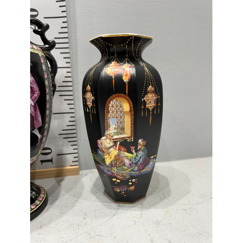69 - Victorian Arabian black mantle vase by Thomas Lawrence + Victorian 2 handled vase