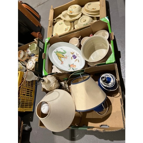 84 - 3 Boxes pottery, lamps inc Worcester, Adam's dinnerware etc