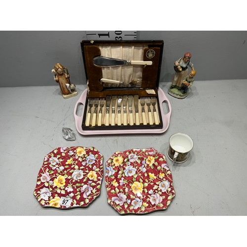 97 - Tray collectables, crown derby, goebel royal winton, fish knives & forks in case etc