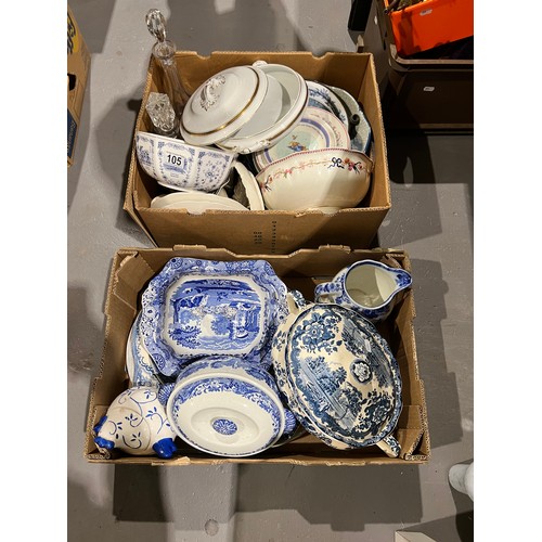 105 - 2 Boxes blue/white pottery