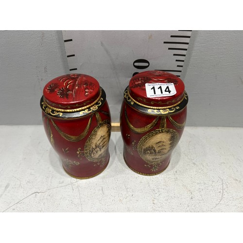 114 - Pair red toleware tea jars