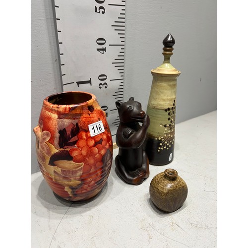 116 - Retro lidded pot, vase, bud vase + bear