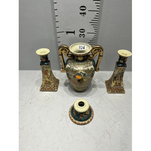 124 - Vintage Japanese satsuma vase on stand + matching pair candle sticks