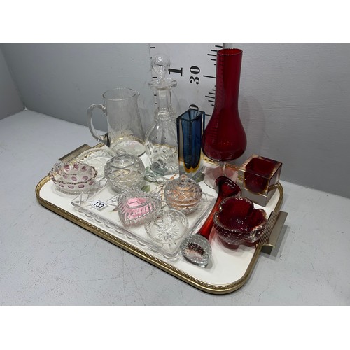 133 - Quantity glassware decanter, ruby glass cut glass etc