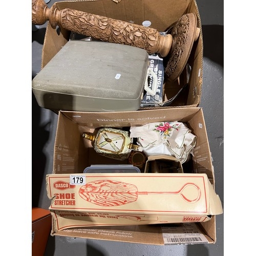 179 - 2 Boxes misc, pendelfin, sadler cottage garden tea pot, typewriter etc